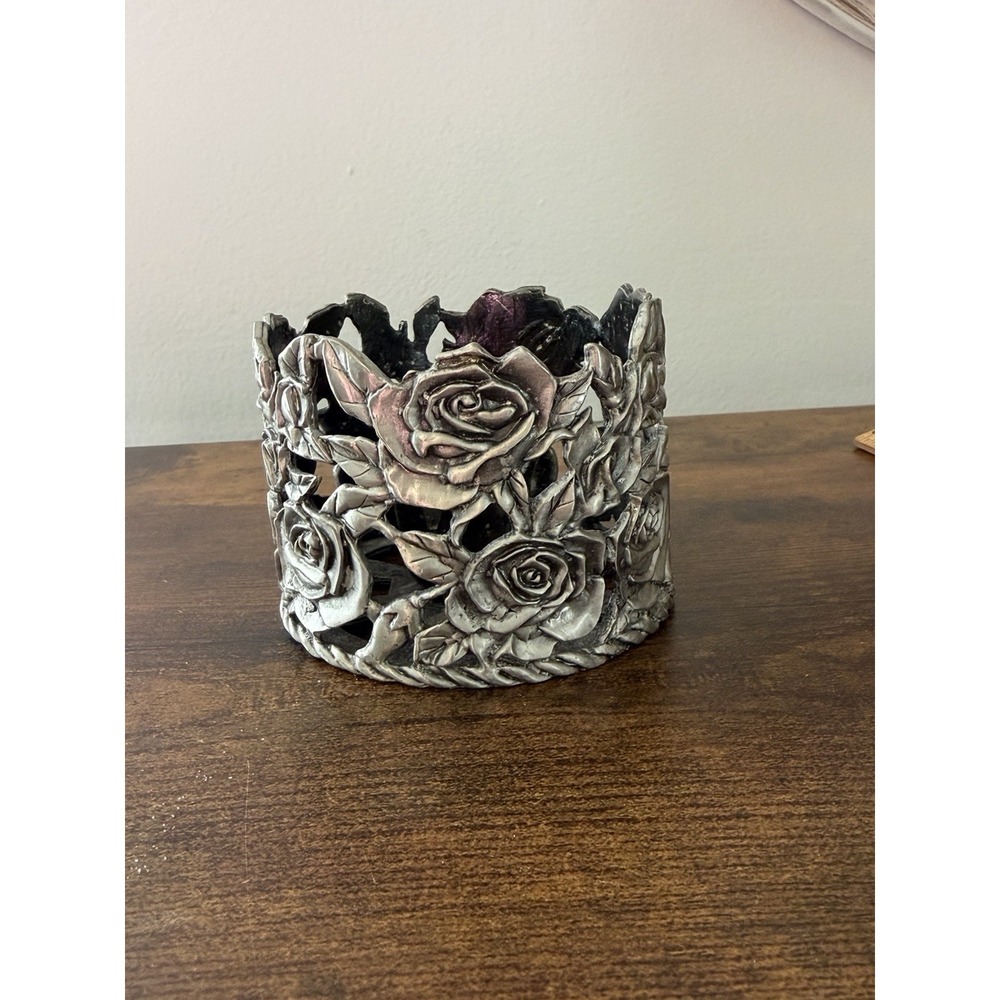 Ganz Pewter Rose Candle Holder Votive Floral Metal Taiwan Vintage Decor